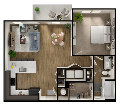 Floor plan for 1 bed, 1 bath, 787 sqft